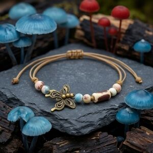 Boho Cottagecore Earthy Beaded Macrame Butterfly Charm Adjustable Cord Bracelet